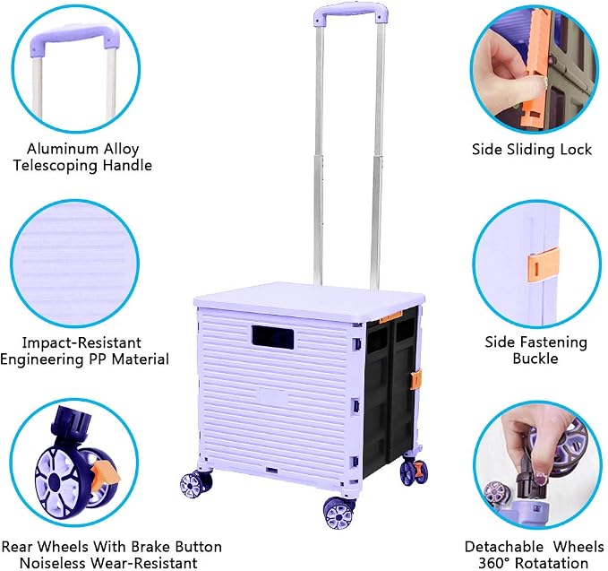 FELICON SELORSS Foldable Utility Cart Folding Portable Rolling Crate-Purple | Durable,Heavy Duty,Plastic Box,Telescoping Handle,4 Rotate Wheels,Collapsible Handcart for Travel Shop Move Luggage Office - Image 2