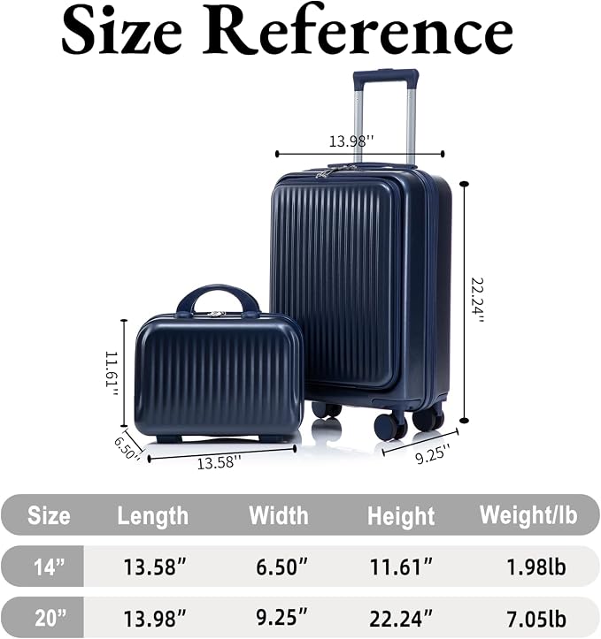 2 Pcs ABS Spinner Luggage Set - 14" Cosmetic Case & 20" Carry-On with Combination Lock, Front Opening Design, Navy Blue - Image 7