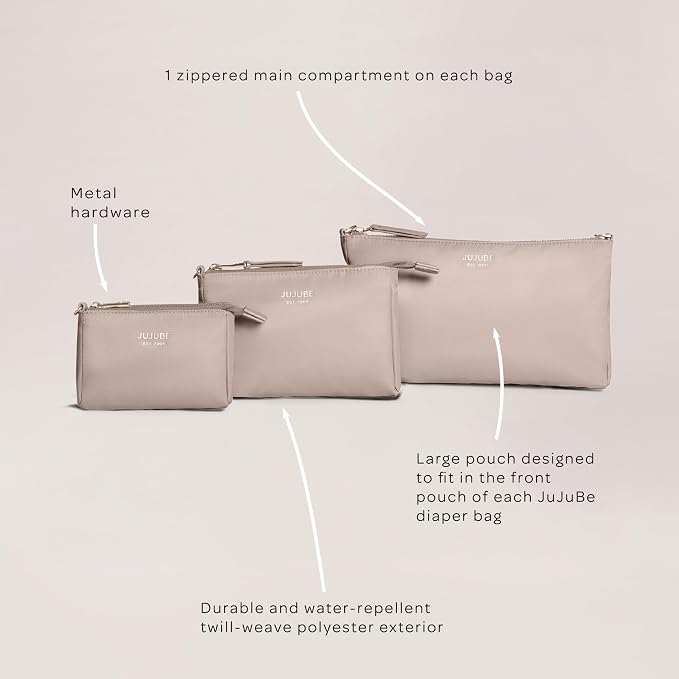 JuJuBe New 3-Piece Pouch Set, Diaper Bag Organizing Pouches, Convertible to Small Purse with Crossbody Strap, Zipper Cosmetic Pouch, Large, Medium, and Small, Taupe, Mothers Day Gift - Image 6
