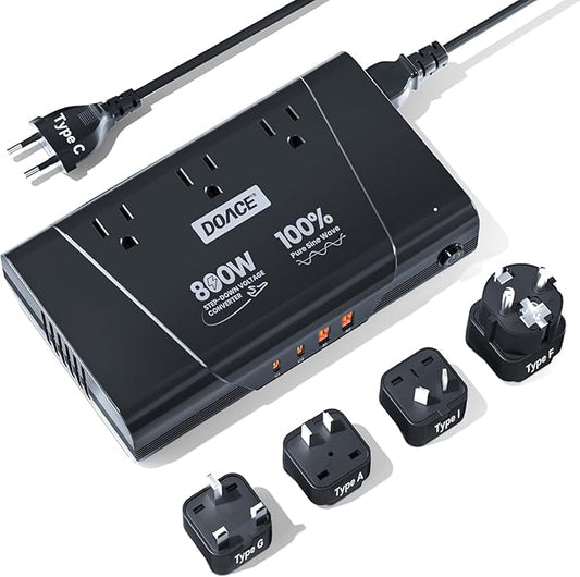 DOACE 800W Pure Sine Wave Voltage Converter US to Europe- 220V to 110V Converter for European Travel, Step Down Transformer w/ 35W PD USB for Hair Straightener Curler CPAP Toothbrush Laptop Cell Phone