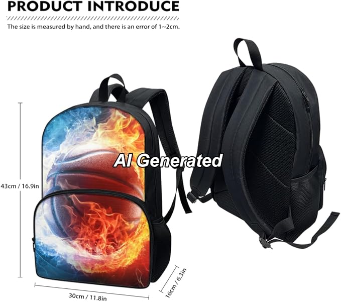 Basketball Boys Bookbag 10-12 Years Old Ice and Fire High School Backpack with Lunch Box and Pencil Bag Set 3-in-1 Large School Bags for Teens - Image 3