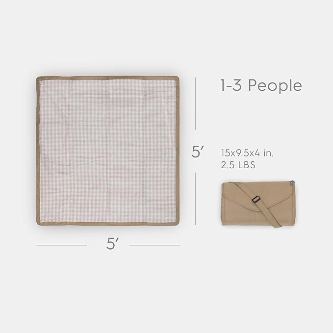 Little Unicorn 5'x5' Outdoor Family Picnic & Beach Blanket | Durable & Water-Resistant Fabric | Compact Fold & Easily Wipes Clean | Zipper Pocket (Beige Buffalo Check) - Image 2
