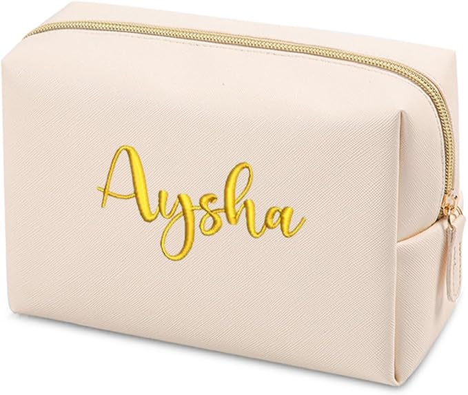 GOPHIE Personalized Embroidered Makeup Bag, Toiletry Bag for Women, Large Cosmetic Travel Bag, Gift For Bridesmaid, Beige by GOPHIE