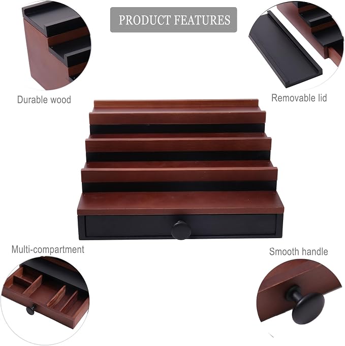 4 Tier Men's Cologne Organizer, Wooden Stand with Drawer Storage, Two Tone | Cologne Shelf and Rack, Perfume Tray, Hidden Storage, Countertop Dresser Display, Birthday Christmas Gift for Men - Image 6