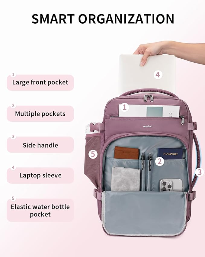 ECOHUB Travel Backpack for Women, 18x14x8 Frontier Airlines Personal Item Bag with Clear Toiletry Bag, Laptop Carry on Backpack with USB Port, Airline Approved Under Seat 14 Pockets 30L, Pink - Image 5