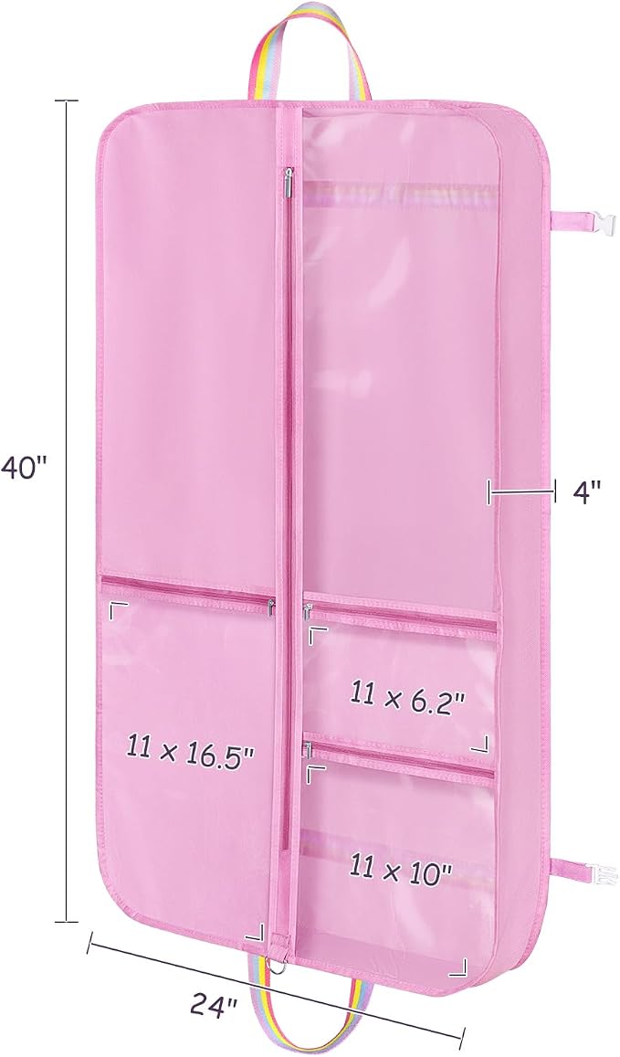 LOVEGRASS Kids Garment Bags for Dance Costumes, 40" Dance Costume Garment Bag for Dance Competition with Multi Pockets and Rainbow Handles Perfect for Dance Recitals and Practice, Pink(2 pack) - Image 2