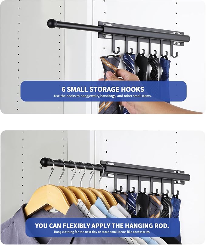 BaiNong Valet Rod for Closets Pull Out 16.5" Black with 6 Hooks (2Pack) | Closet Valet Rod Slide Out for Closets, Laundry Rooms, RVs Space-Saving - Image 3