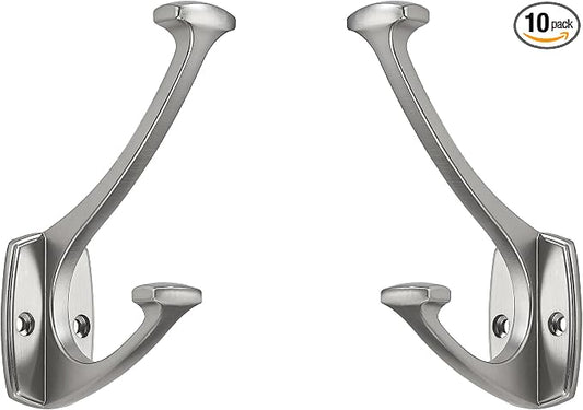 10 Pack Brushed Satin Nickel Hooks Decorative Heavy Duty Solid Large Coat Hooks for Towel Hanging Coats Robe Wall Mounted Towel Bags Door Back Bathroom Wall Hook. by ZAUYX