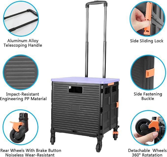 FELICON SELORSS Foldable Utility Cart Folding Portable Rolling Crate-Purple | Heavy Duty,Telescoping Handle,4 Rotate Wheels,Collapsible Handcart for Travel Shop Move Luggage Laundry Teacher Office Use - Image 2