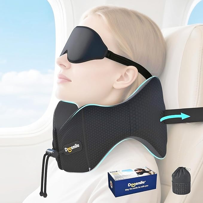 Patented Head-Bobble-preventing Ergonomic 360° Supporting Golden Formula Memory Foam Travel Neck Pillow w/3D Contoured Eye Mask Set Long Trip Sleeping Essentials for Airplane Flight Car Bus by Unknown