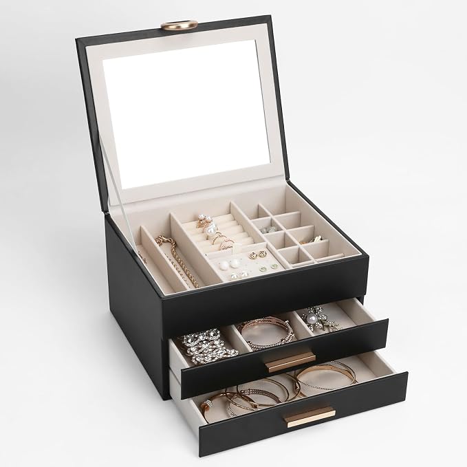 Large Jewelry Organizer Box with Mirror - Features Ring Rolls, Necklace Hooks, Earring Slots, Plush Interior for Luxury Protection Black - Image 2