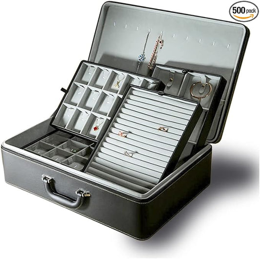 Jewelry Box Carriable Large Commercial Organizer with Handle Zipper Faux-Leather Accessory Case Storage with Trays Gift for Women Men Jeweler(XL6-BK) by JewelryStorage