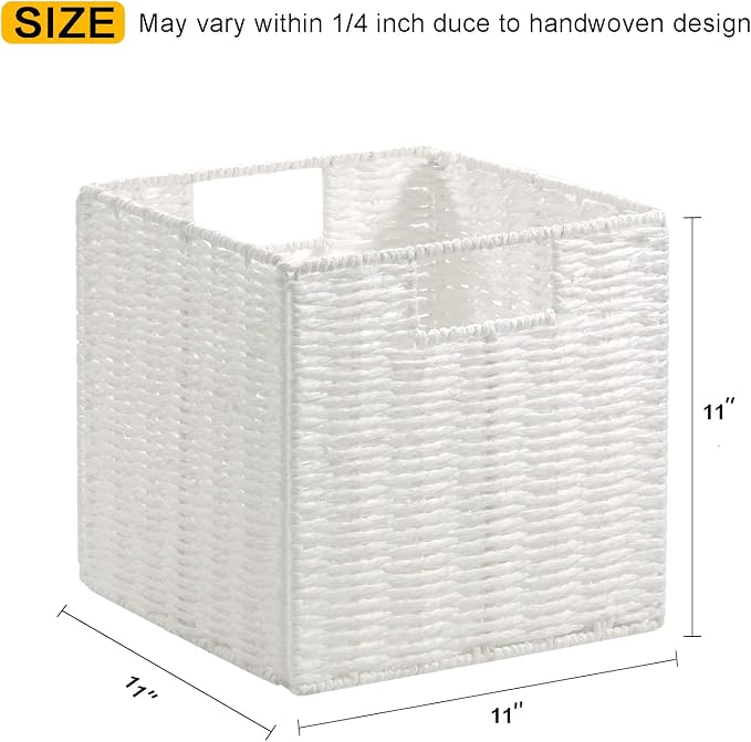 Vagusicc Wicker Storage Basket, Set of 2 Hand-Woven Storage Baskets for Organizing, Foldable Cube Storage Bins, 11 Inch Wicker Storage Baskets for Shelves and Decor, Square Closet Organizer, White - Image 2