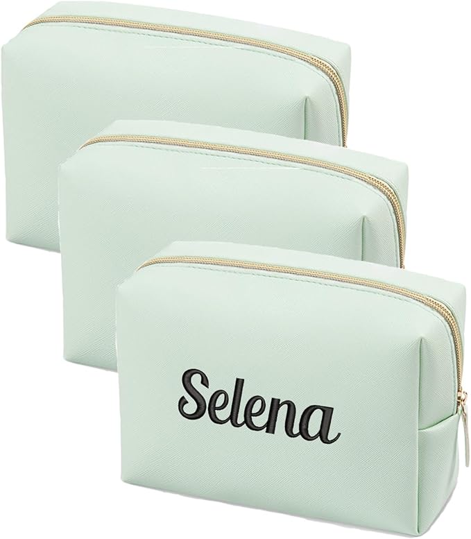 GOPHIE Personalized Embroidered Makeup Bag, Toiletry Bag for Women, Large Cosmetic Travel Bag, Gift For Bridesmaid,Set of 3,Green by GOPHIE