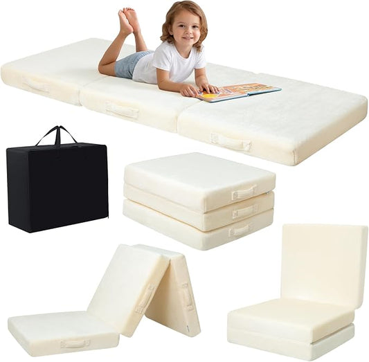 MeMoreCool Foldable Floor Mattress for Kids Trifold, 57x22 Inch Beige | Trifold futon floor mattress for playroom, reading nook and travel, washable by MeMoreCool