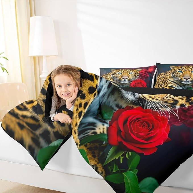 Erosebridal Leopard Bedding Set, Red Rose Cheetah Comforter Set Full Size for Kids Teens Adult Women Bedroom, African Safari Animal Duvet Sets Romantic Flower Down Comforter, Brown - Image 5