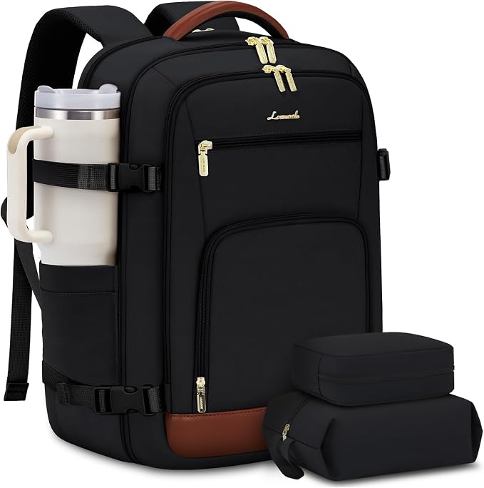 LOVEVOOK Carry On Travel Backpack For Women Men Flight Approved, 40L Personal Item Backpack for Airplanes, Business Weekender Overnight Daypack Fits 17 Inch Laptop, With 2 Packing Cubes, Black-Brown by LOVEVOOK