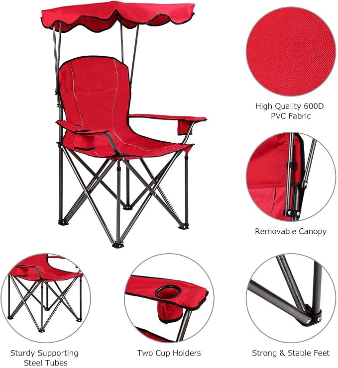 COSTWAY Portable Camping Chair with Canopy, Outdoor Lawn Chair with Shade, Carry Bag, Cup Holder, for Travel, Picnic, Beach (Red) - Image 5