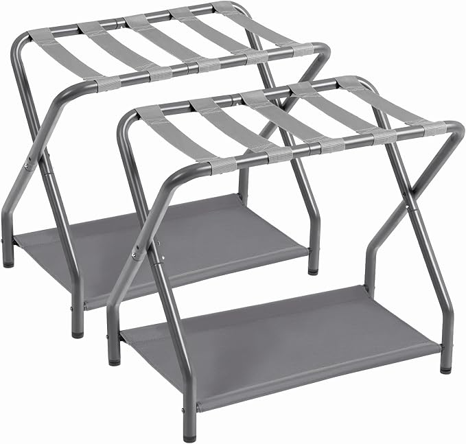 AMHANCIBLE Luggage Rack, Set of 2, Foldable Suitcase Stands for Guest Room, Metal Luggage Holder with Storage Shelf for Bedroom, Hotel, Easy Assemble, HLR02GY by AMHANCIBLE