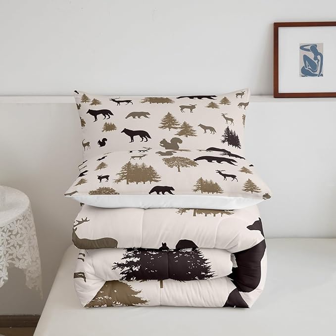 Erosebridal Bear Comforter King Size,Elk Moose Squirrel Wolf Wildlife Printed Bedding Set,Farmhouse Animal Silhouette Duvet Insert for Teens Youth,Rustic Woodland Inner Fill with 2 Pillowcases - Image 6