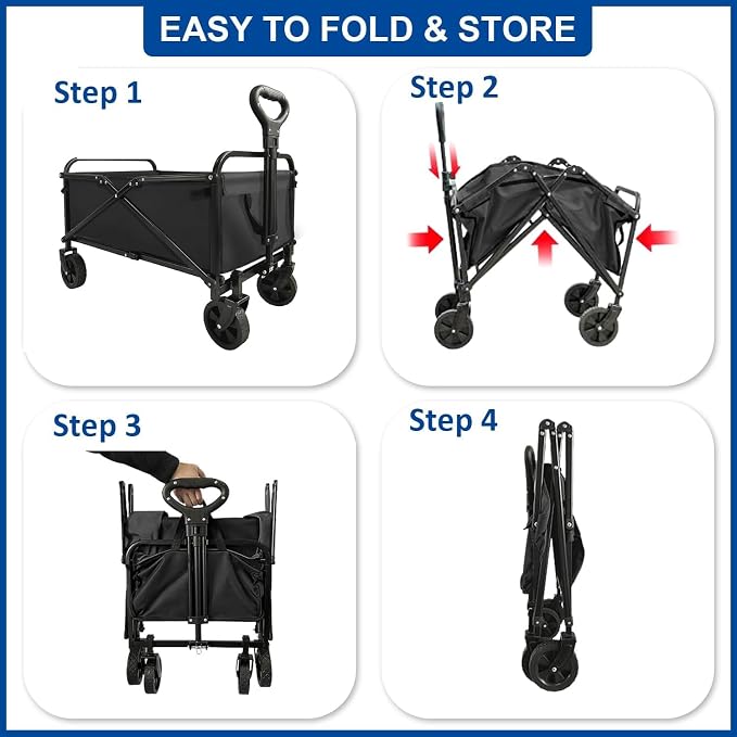 Collapsible Wagon with Quiet Wheels - Silent Grocery Shopping Cart for Seniors, Foldable Utility Cart for Laundry & Apartment, Washable Heavy Duty Rolling Wagon with Two Mesh Pockets, Black - Image 7