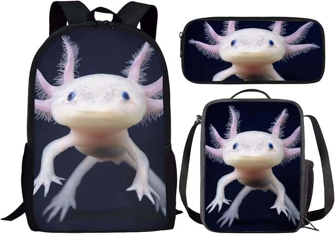 Girls Boys School Backpack with Lunch Box Pencil Case Comfy Padded Lightweight Axolotl Backpack Set Kids Cute Bookbag Insulated Lunch Bag Student Large Capacity Daypack 17 Inch by Parprinty