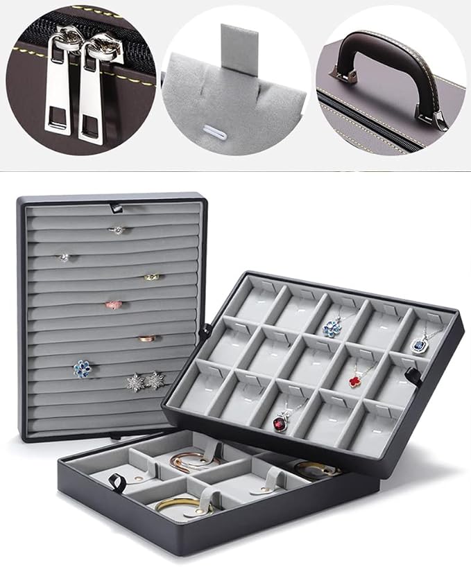Jewelry Trays stacks Carriable with Handle Zipper Large Box Organizer Faux-Leather Accessory Case Storage(L3-BR) - Image 4