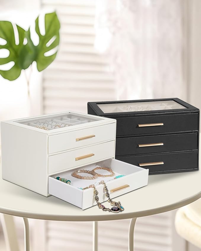 GUOER Jewelry Box for Women, Glass Lid Jewelry Organizer with 3 Drawers PU Jewelry Storage Case for Necklaces Rings Earrings Bracelets (Pink) - Image 6
