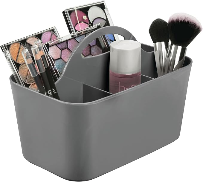 mDesign Small Plastic Shower/Bath Storage Organizer Caddy Tote with Handle for Dorm, Shelf, Cabinet - Hold Soap, Shampoo, Conditioner, Combs, Brushes, Lumiere Collection, Dark Gray (Pack of 2) - Image 6