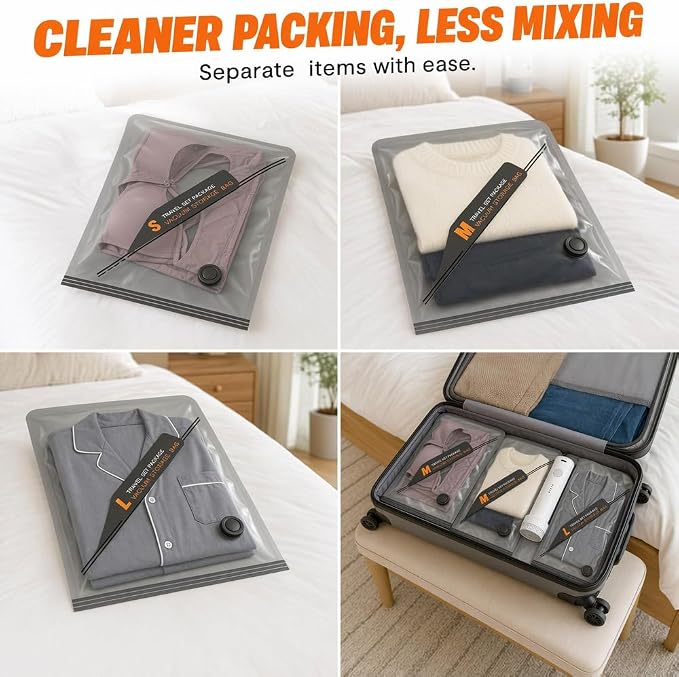 Cordless Travel Vacuum Storage Bags Set with Pump (Multicolor, S+M+L*2) | travel vacuum bags with pump - Image 6