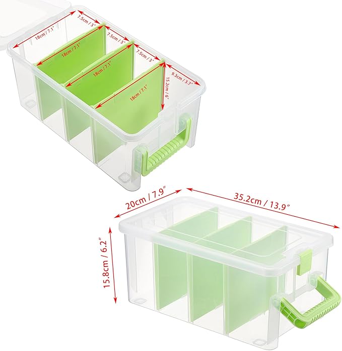 BTSKY Clear Plastic Dividing Storage Box with 4 Deep Compartments Adjustable Storage Bin with Lid Portable Craft Container Multipurpose Sewing Box Art Supply Organizer, 13.9x7.9x6.2 Inches, Green - Image 4