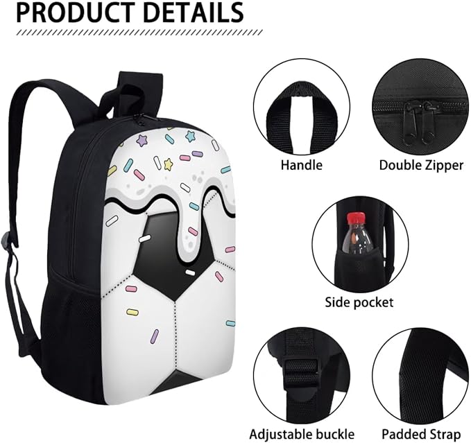 Soccer Drip Sprinkle Print 17 Inch Backpack Schoolbag 3 Piece for Boy Girl, Lightweight Daypack Set with Reusable Lunch Box and Pencil Bag, Durable School Bookbag Set, Black White - Image 4