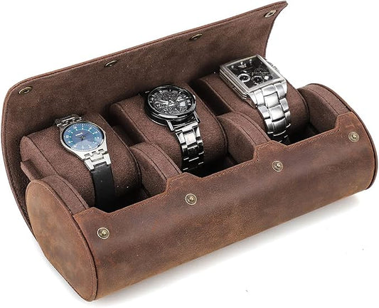 Hiram Leather Watch Roll Travel Case,Vintage Crazy Horse Leather 3-Slots Watch Box with Removable Velvet Pillows, Secure Metal Clasp, Perfect for Daily Display & Business Travel by Hiram