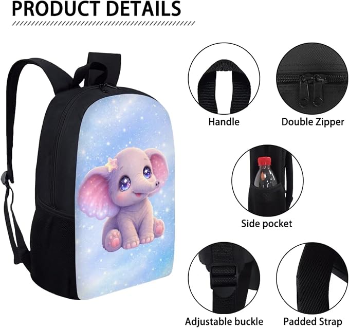 Forchrinse Cute Elephant Backpack for Girls 17 Inch School Bag with Lunch Box Pencil Case Kids Bookbag School Backpacks 5th 6th Grade Elementary Kindergarten Preschool Daypack - Image 7