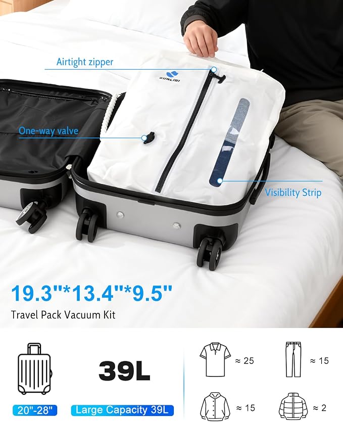 Zurligi Vacuum Travel Bags with Pump, Anti-rip Waterproof Compression Bag | Design with Handle, Reusable, Durable Nylon, Seamless Airtight Zipper, for Carry-on Packing, Travel, and Seasonal Storage - Image 3