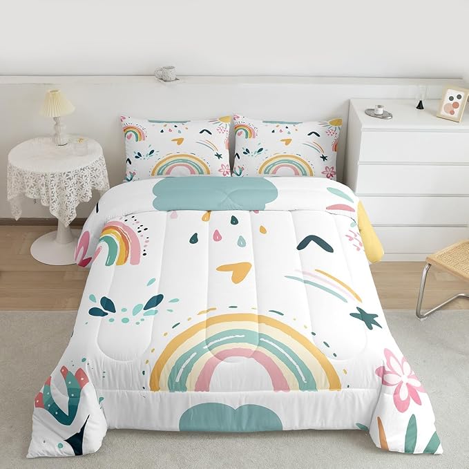 Cartoon Rainbow Comforter Set Twin, Iridescent Girly Quilt For Kids Boys Girls Women Bedroom Decor, Kawaii Flower Duvet Insert Love Heart Floral Bedding Set Rainbow Cloud Down Comforter,Colorful - Image 3