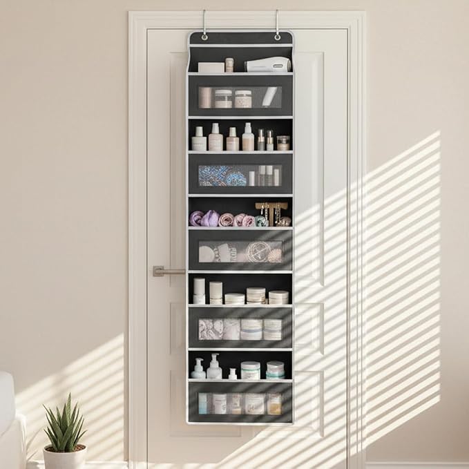 SakerPlus Five Tier Over The Door Organizer, Hanging Door Storage Organizer with Clear Windows and Side Pockets, Behind Door Storage for Bedroom Bathroom Pantry Nursery Closet (Grey) - Image 2
