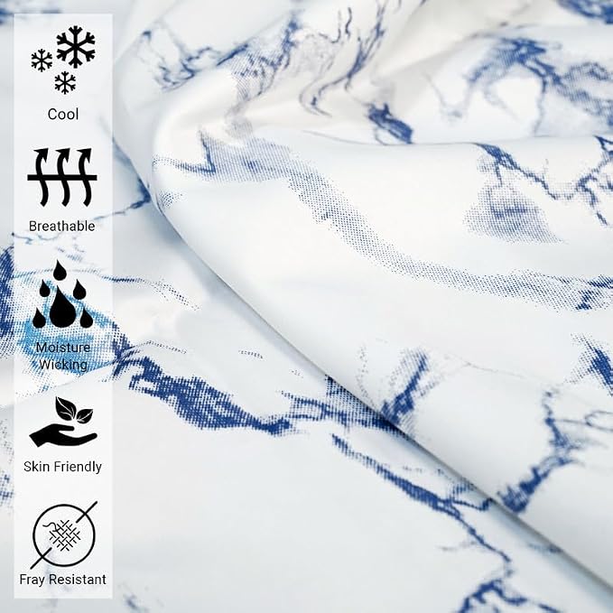Pizuna Pure 100% Cotton Flat Sheets Only Queen Carrara Marble Blue (1 PC), Luxurious 400 Thread Count Long Staple Cotton Sateen with 4" Hem (Combed Queen Flat Sheet Only Cotton) - Image 2