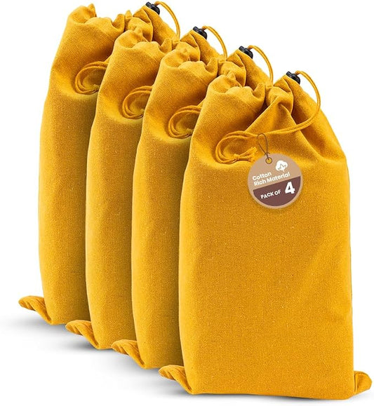LFH Cotton Rich Shoe Storage Bags with Drawstring, Dustproof Breathable Reusable Organizer, Perfect For Travel, Dorm, Hotel, College, Gym, Easy to Carry, Machine Washable 12"x17" (Pack of 4) - Golden by LFHHomePrivateLimited