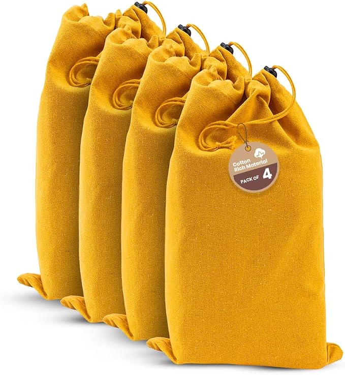 LFH Cotton Rich Shoe Storage Bags with Drawstring, Dustproof Breathable Reusable Organizer, Perfect For Travel, Dorm, Hotel, College, Gym, Easy to Carry, Machine Washable 8"x17" (Pack of 4) - Golden by LFHHomePrivateLimited