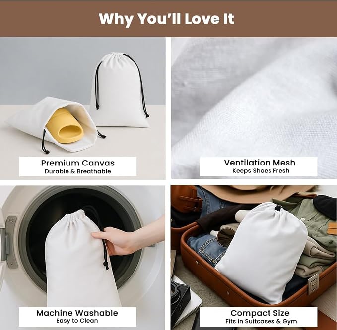 LFH Cotton Rich Shoe Storage Bags with Drawstring, Dustproof Breathable Reusable Organizer, Perfect For Travel, Dorm, Hotel, College, Gym, Easy to Carry, Machine Washable 8"x17" (Pack of 2) - White - Image 3