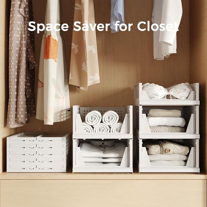 Pinkpum 5 Pack Stackable Plastic Storage Closet Organizers and Storage Bins Drawer Shelf Storage Container for Wardrobe Cupboard Kitchen Bathroom Office White - Image 5