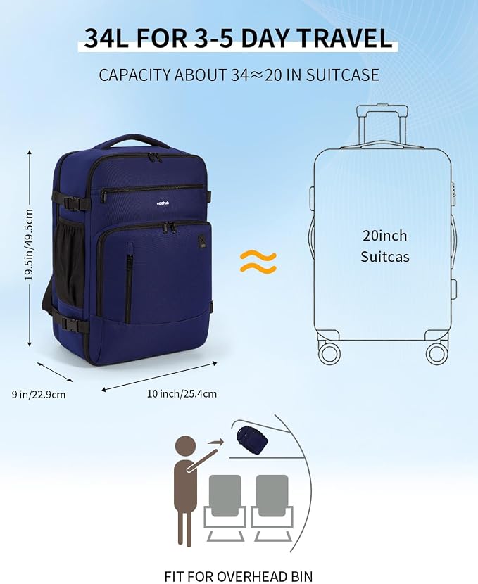 ECOHUB 19" Large Travel Backpack, Carry on Luggage Airline Approved, Water Resistant Rucksacks Fit 15.6" Laptop, AirTag Pocket, Lightweight Casual Daypack, 34L, Blue - Image 2