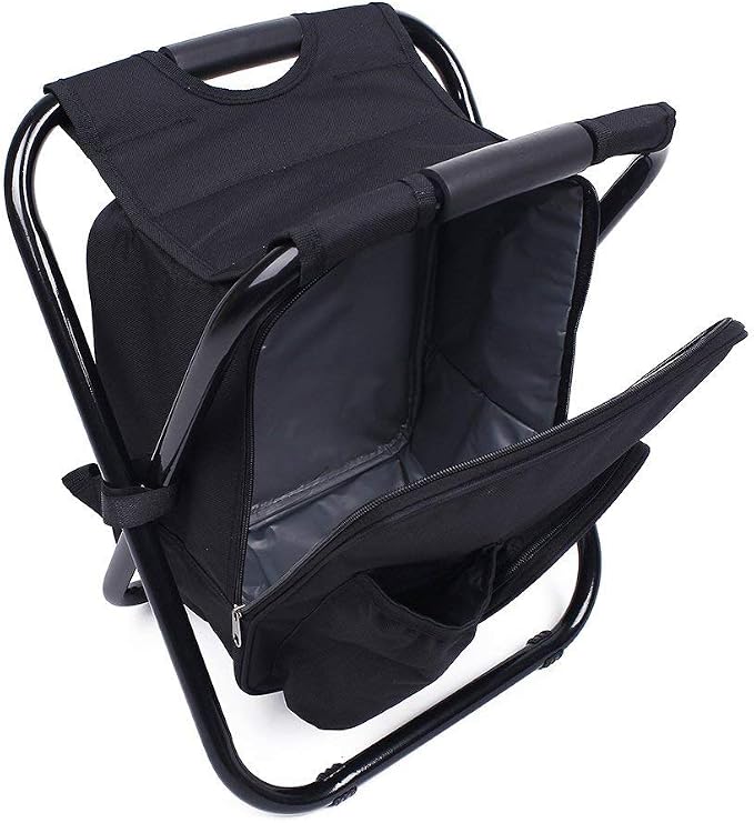 Folding 3 in 1 Camping Chair Stool Backpack with Cooler Insulated Picnic Bag, Hiking Camouflage Seat Table Bag Camping Gear for Outdoor Indoor Fishing Travel Beach BBQ (Black) - Image 4