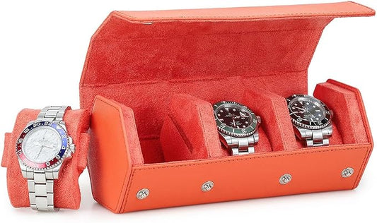 Hiram Saffiano Leather Hexagon Watch Roll Travel Case, Leather 3-Watches Roll Case with Removable Pillow Cushion for Treasured Watches and Bracelets -Orange by Hiram