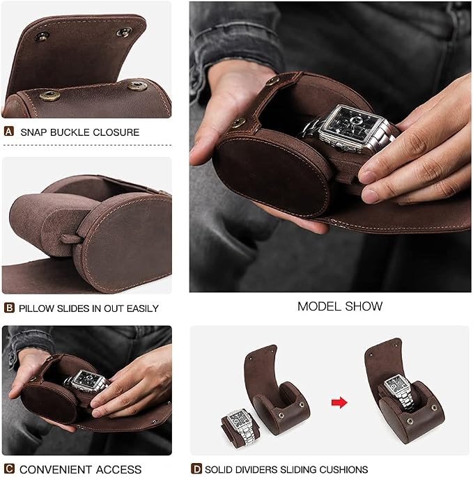 Hiram Leather Watch Roll Travel Case,Vintage Crazy Horse Leather 1-Slots Watch Box with Removable Velvet Pillows, Secure Metal Clasp, Perfect for Daily Display & Business Travel - Image 6