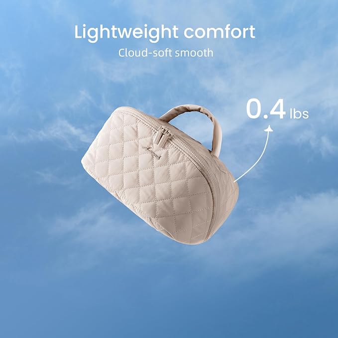 LOVEVOOK Travel Makeup Bag for Women, 2Pcs Puffer Waterproof Cosmetic Organizer, Large Capacity Pouch Open Flat Small Toiletry Bag with Brush Compartment & Handle (Light khaki, Large) - Image 4