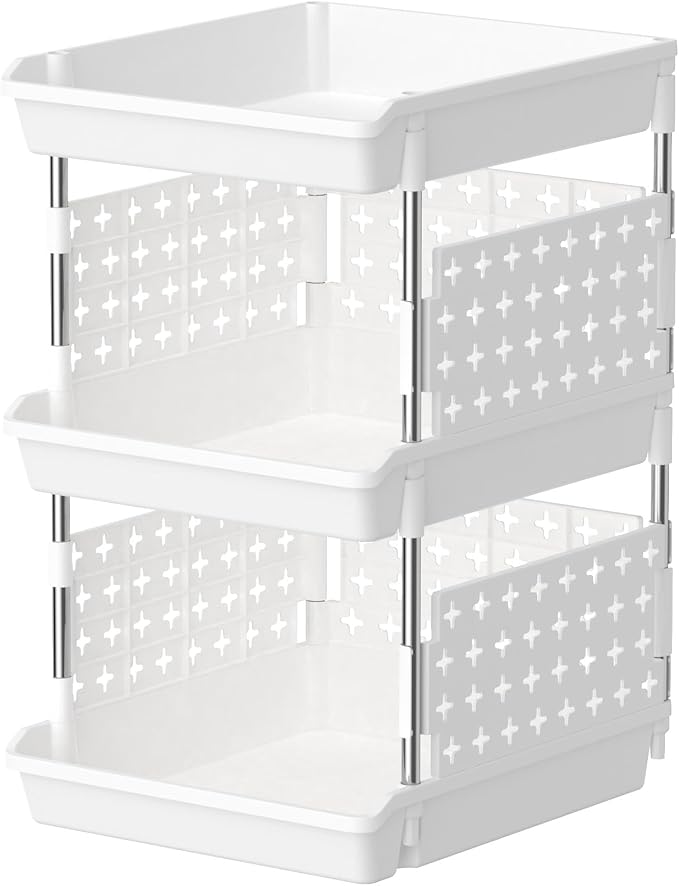 Lifewit Plastic Stackable Storage Baskets, 3 Tier Stacking Bins for Food and Clothes, Multifunctional Organizer for RV, Kitchen, Playroom, Pantry, White, 35 x 30 x 50 cm/14 x 12 x 20 inch, 1 Pack by Lifewit