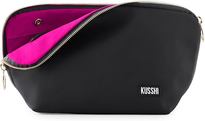 KUSSHI Washable Travel Makeup & Cosmetic Bag - Brush Organizer Sold Separately (Signature, Satin Black/Pink) by Unknown