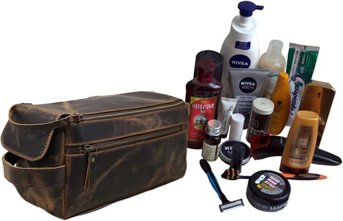 jaald Men's Genuine Leather Toiletry Bag Waterproof Shower Kit Shaving Bags And Grooming For Travel Groomsmen Gift Men Women Hanging Zippered Makeup Bathroom Cosmetic Pouch Case Make Up kit - Image 8